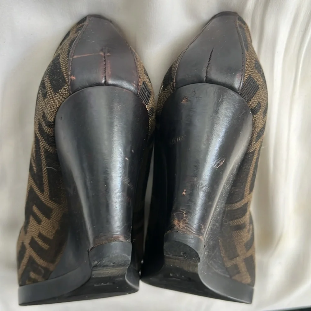 Fendi Zucca Print with big metal FF logo wedge size 36 1/2 / 6 1/2 with flaws